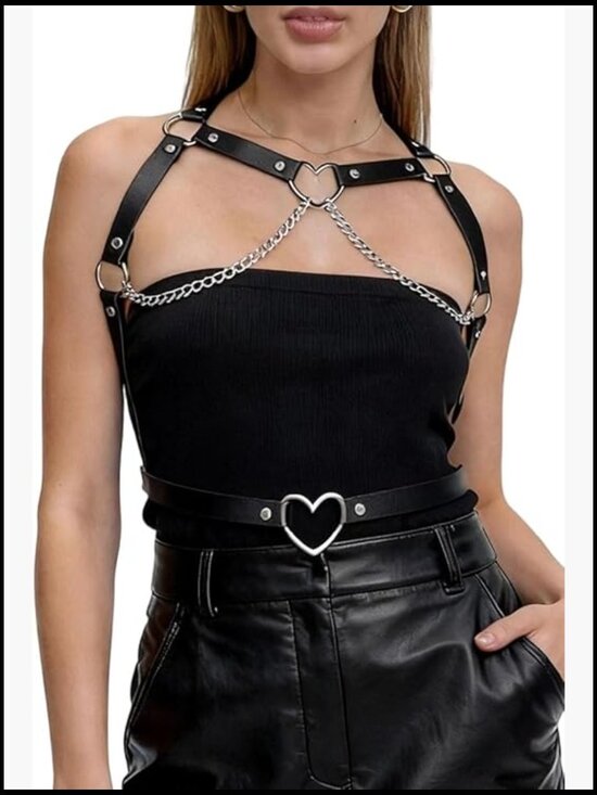 Faux Leather Chain Body Harness Belt - Adjustable Goth Punk Chest Strap Waist
